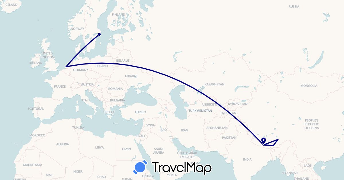 TravelMap itinerary: driving in Bhutan, China, Netherlands, Nepal, Sweden (Asia, Europe)